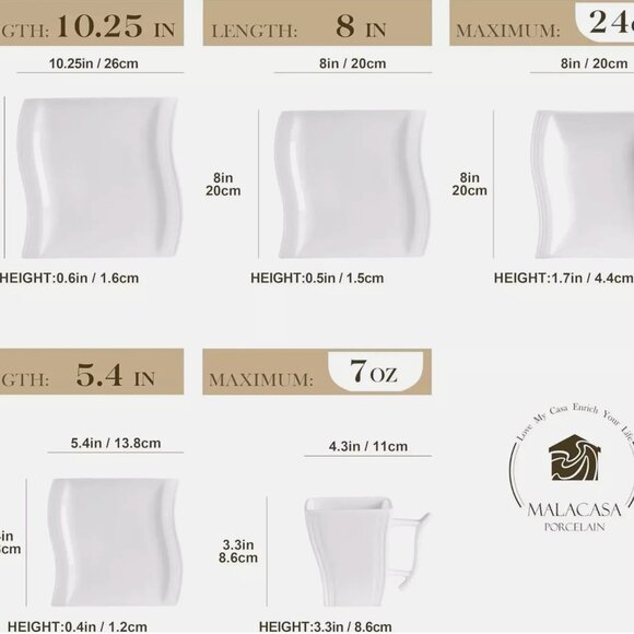 MALACASA 30-Piece Service for 6 Dinnerware Sets Square Porcelain Dinner Plates - Picture 7 of 7